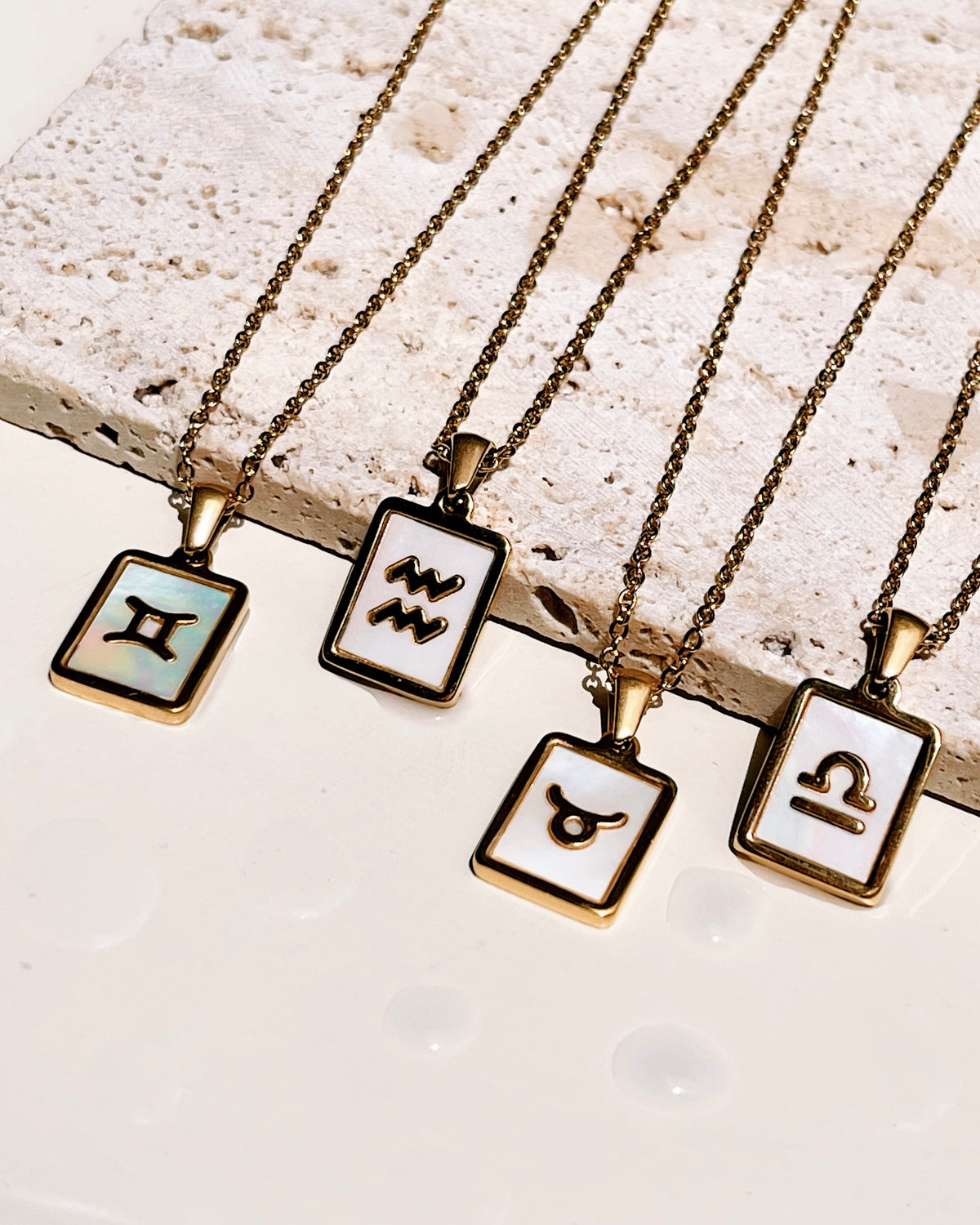 Camila Shell Zodiac Sign Square Framed Pendant Link Chain Gold Necklace