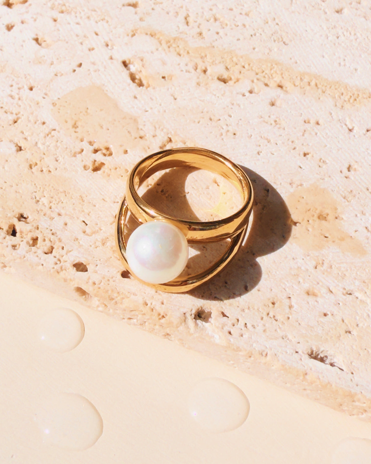 Quest Double Layer Split Hollow Pearl Top Head Design Gold Ring