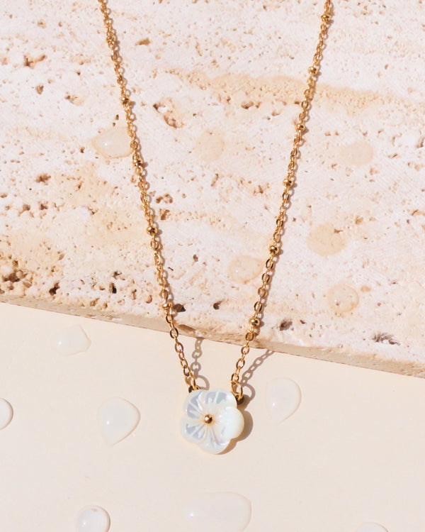 Carissa Shell Stone Flower Shaped Pendant Ball Beaded Link Chain Gold ...