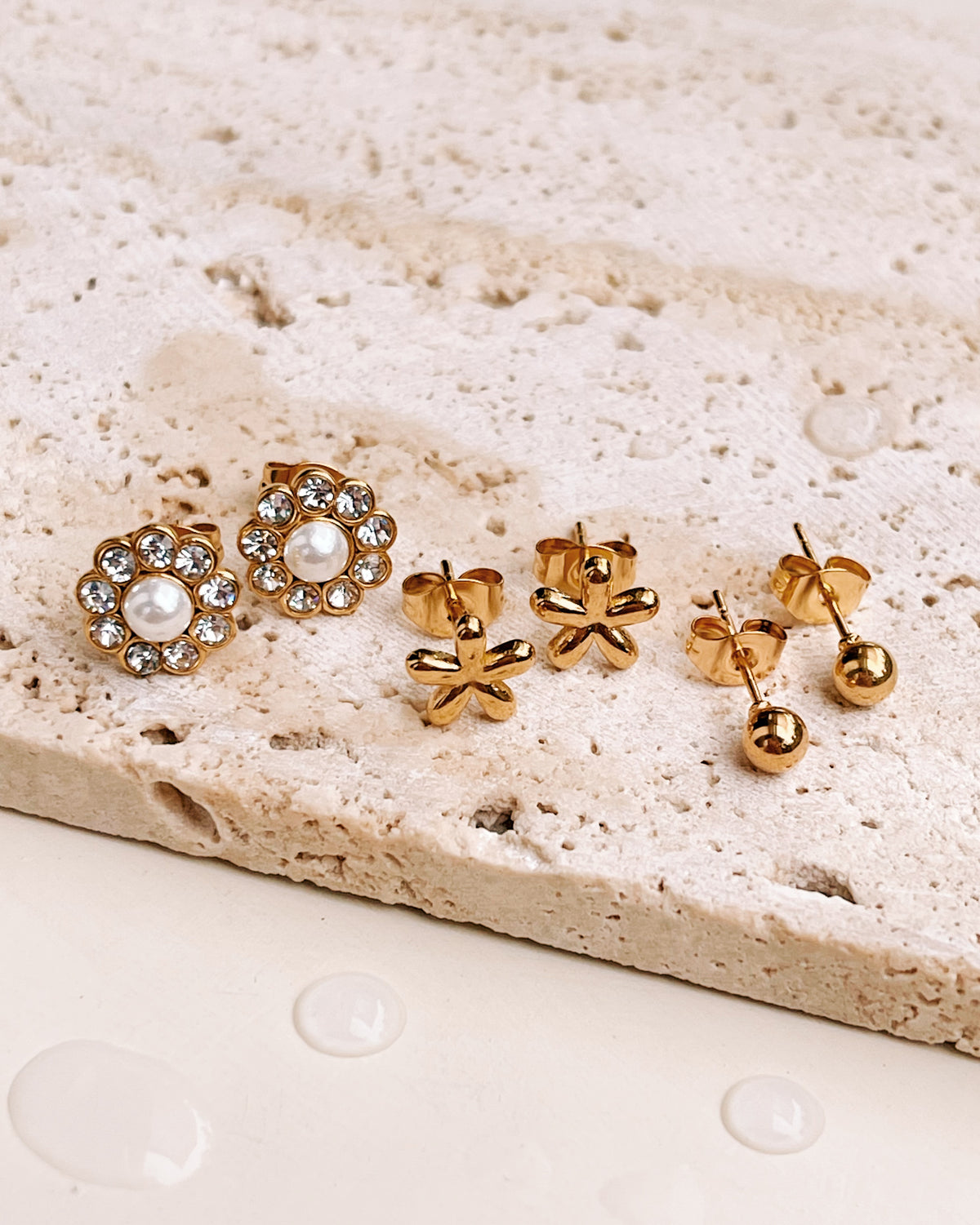 Heather (Bundle Set) 3 Pairs Dainty Zircon Paved Pearl Flower Solid Flower Round Ball Gold Studs