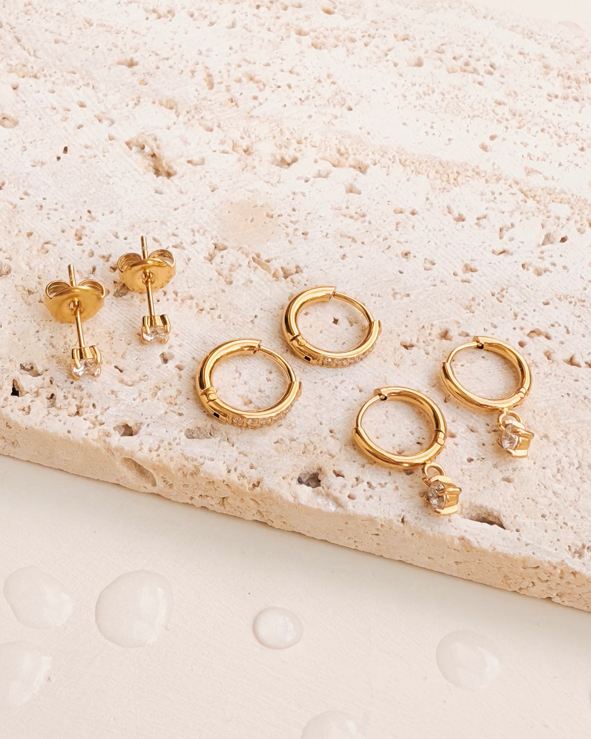 Danna (Bundle Set) 3 Pairs Round Zircon Crowned Set Gold Studs Zircon Paved Round Gold Huggies Classic Gold Huggies Round Zircon Drop Earrings