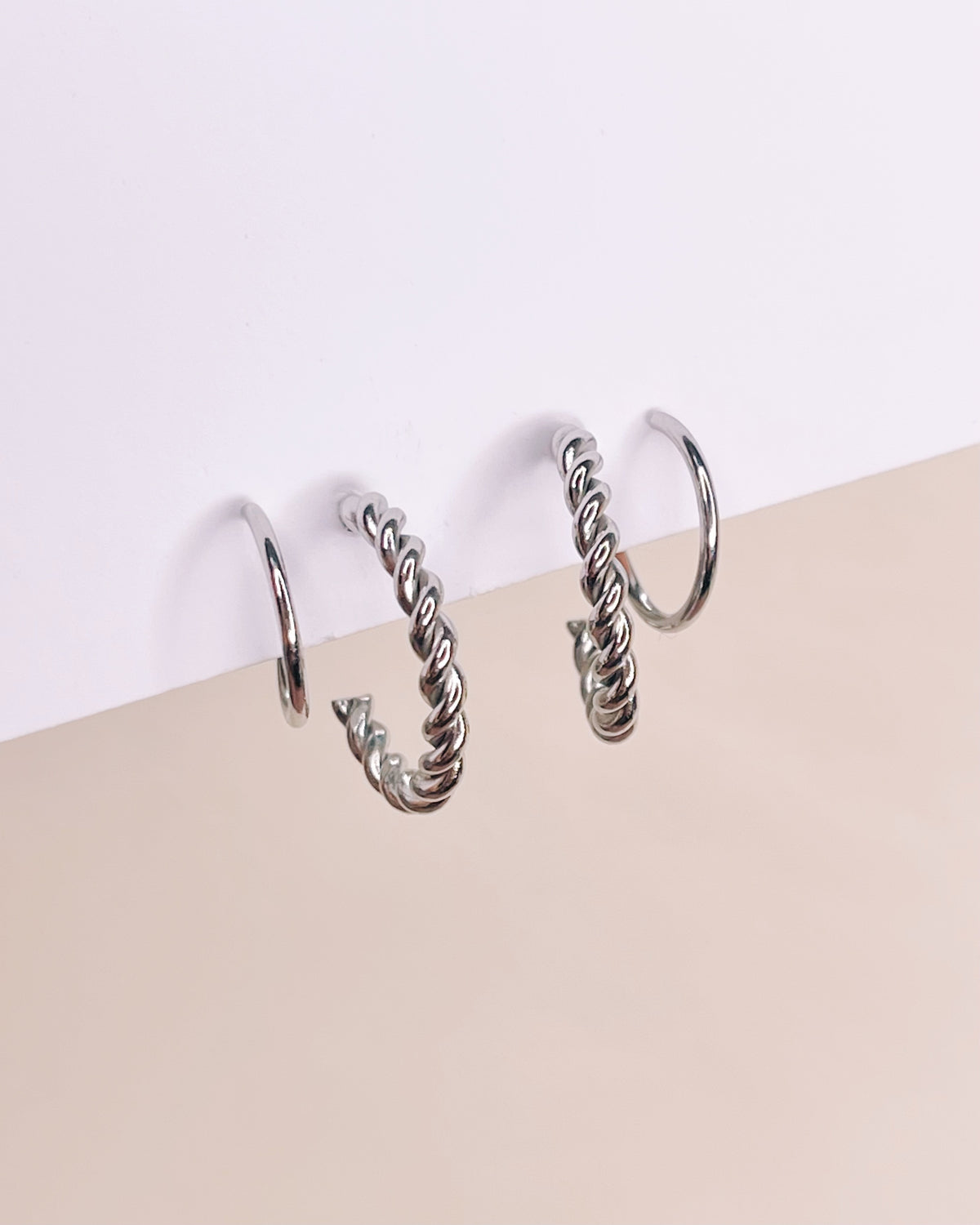 Jenna (Silver) Dual Hoop Twisted Design Spiral Layered Look Huggies