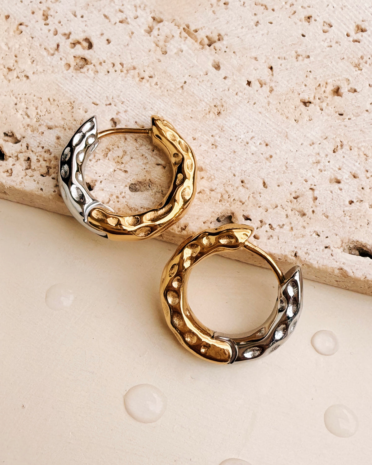 Emalyn (Two Tone) Half Silver Half Gold Irregular Hammered Design Hoops