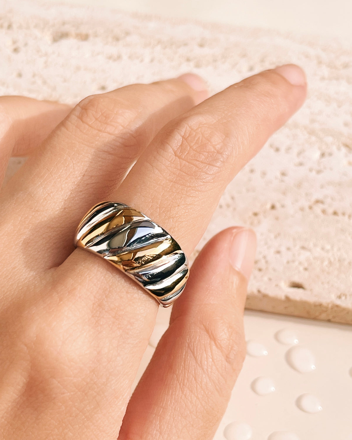 Amanda (Two Tone) Silver Gold Croissant Design Open Ring