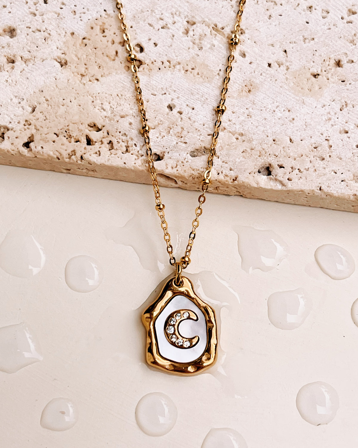 Dakotah Irregular Shell Frame Design Center Moon Zircon Paved Pendant Ball Beaded Link Chain Gold Necklace