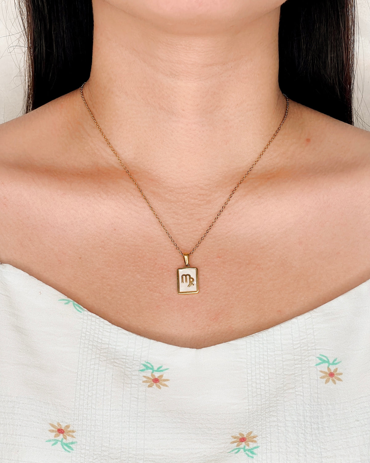 Camila Shell Zodiac Sign Square Framed Pendant Link Chain Gold Necklace