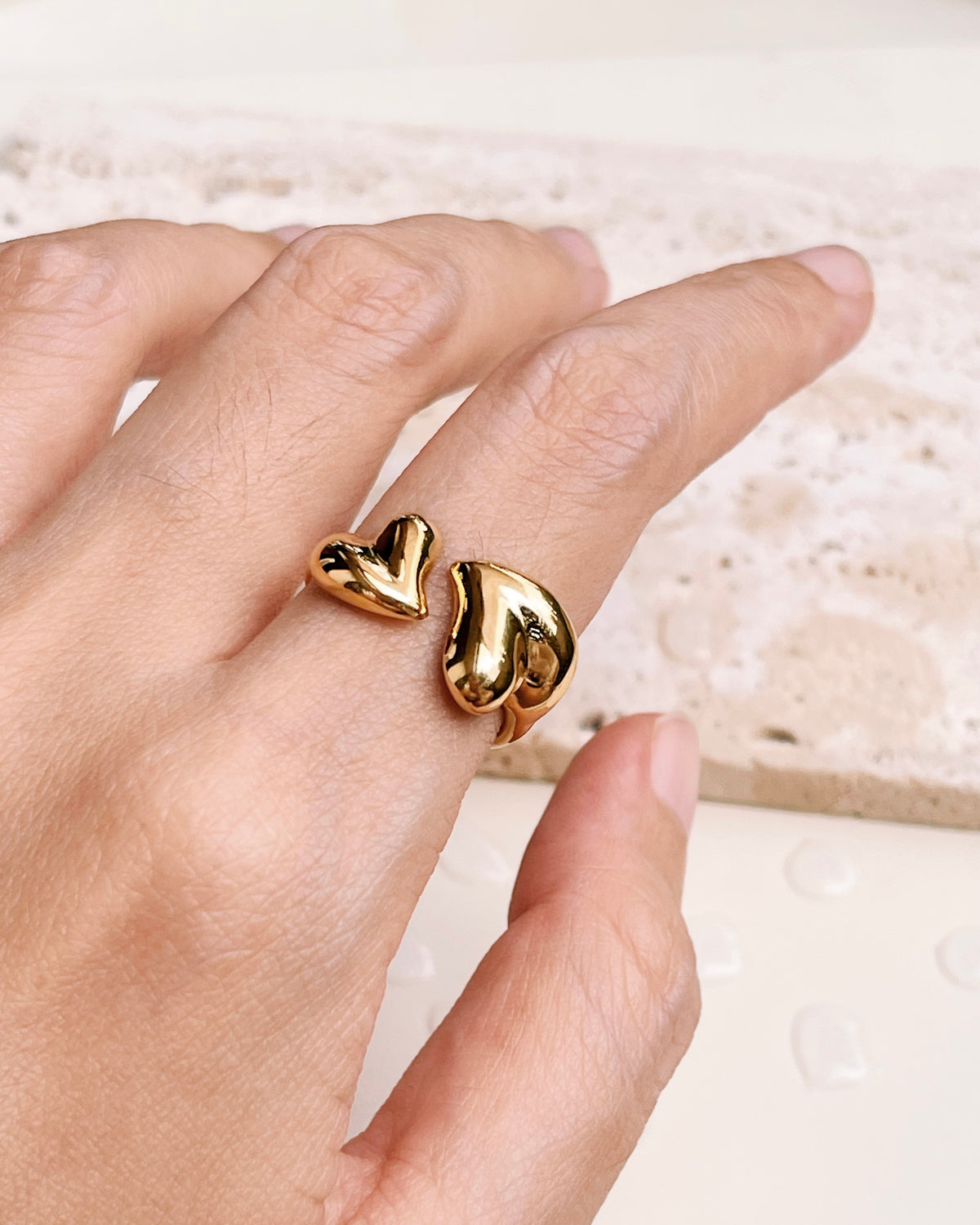 Colleen Two Chunky Skewed Hearts Interlocked Design Open Gold Ring