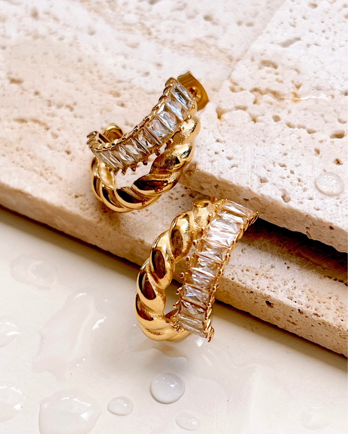 Kimberly Double Layer C-Shaped Twisted Zircon Paved Layered Look Gold Hoops