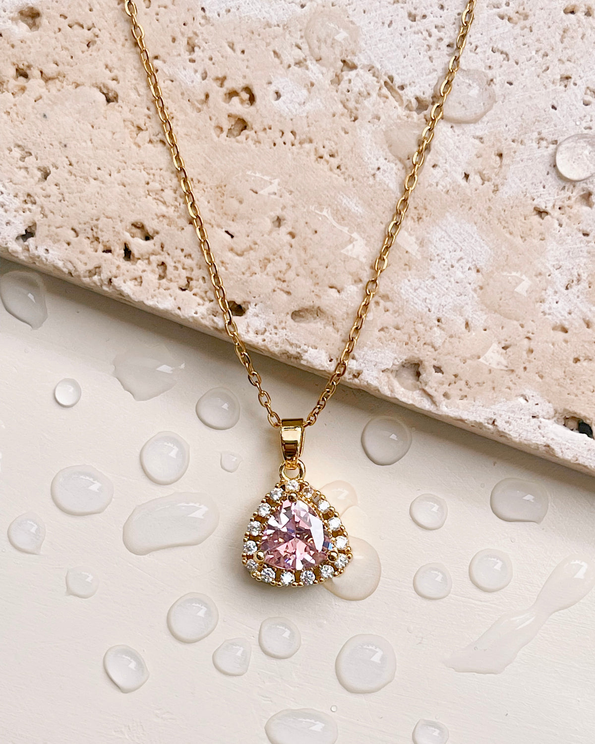 Ella Crowned Triangle Pink Zircon Pendant Gold Necklace
