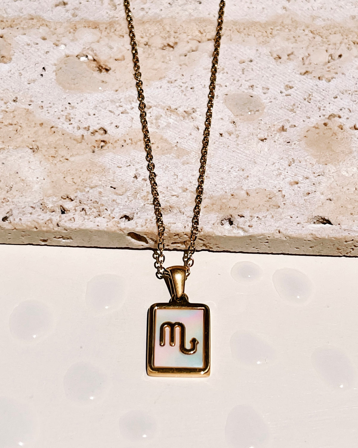 Camila Shell Zodiac Sign Square Framed Pendant Link Chain Gold Necklace