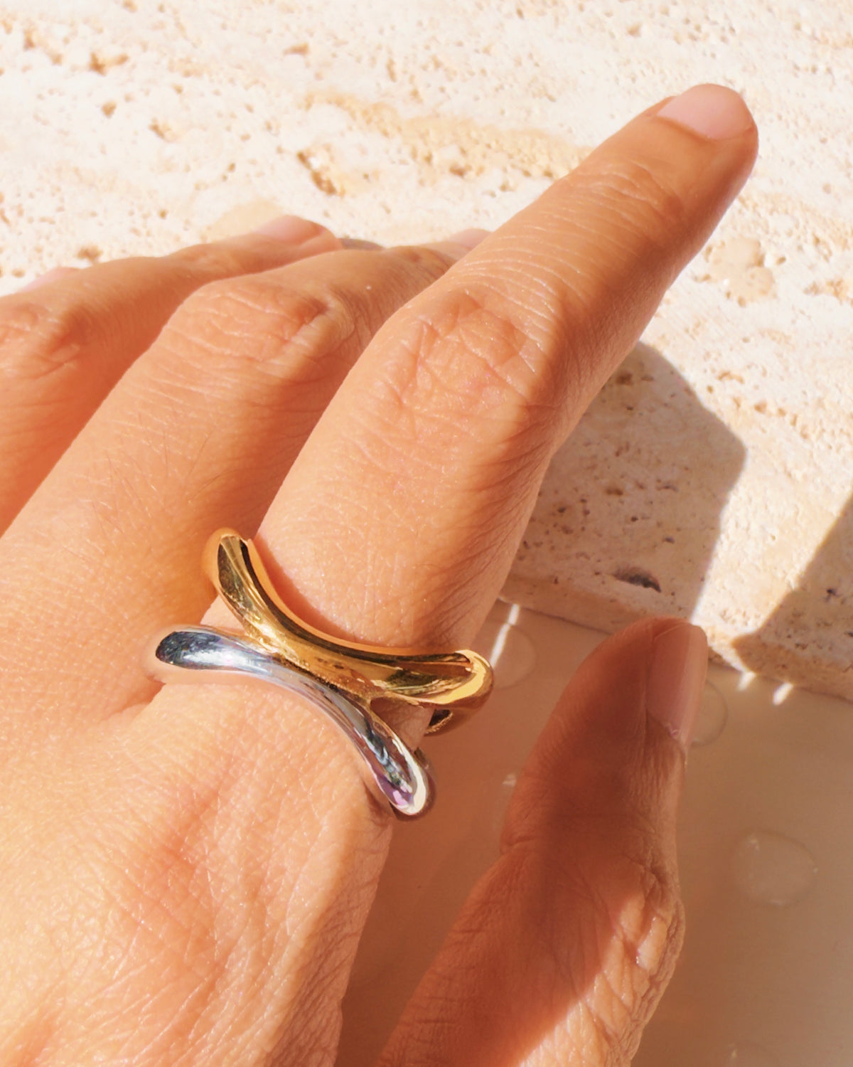 Presley Two Tone Double Layer Silver Gold Hollow Curvature Design Open Ring