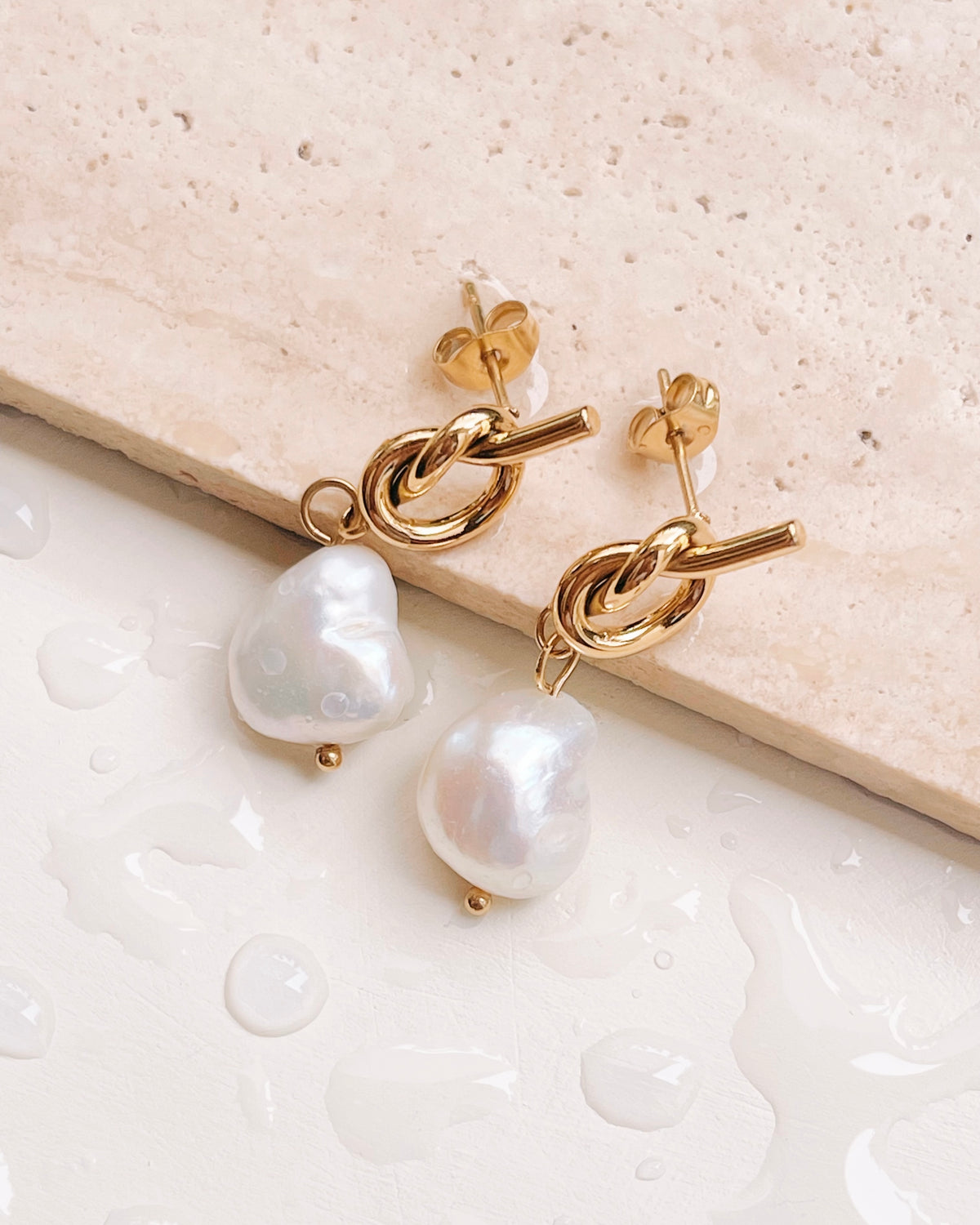 Valeria Baroque Freshwater Pearl Dangle Knot Design Gold Studs