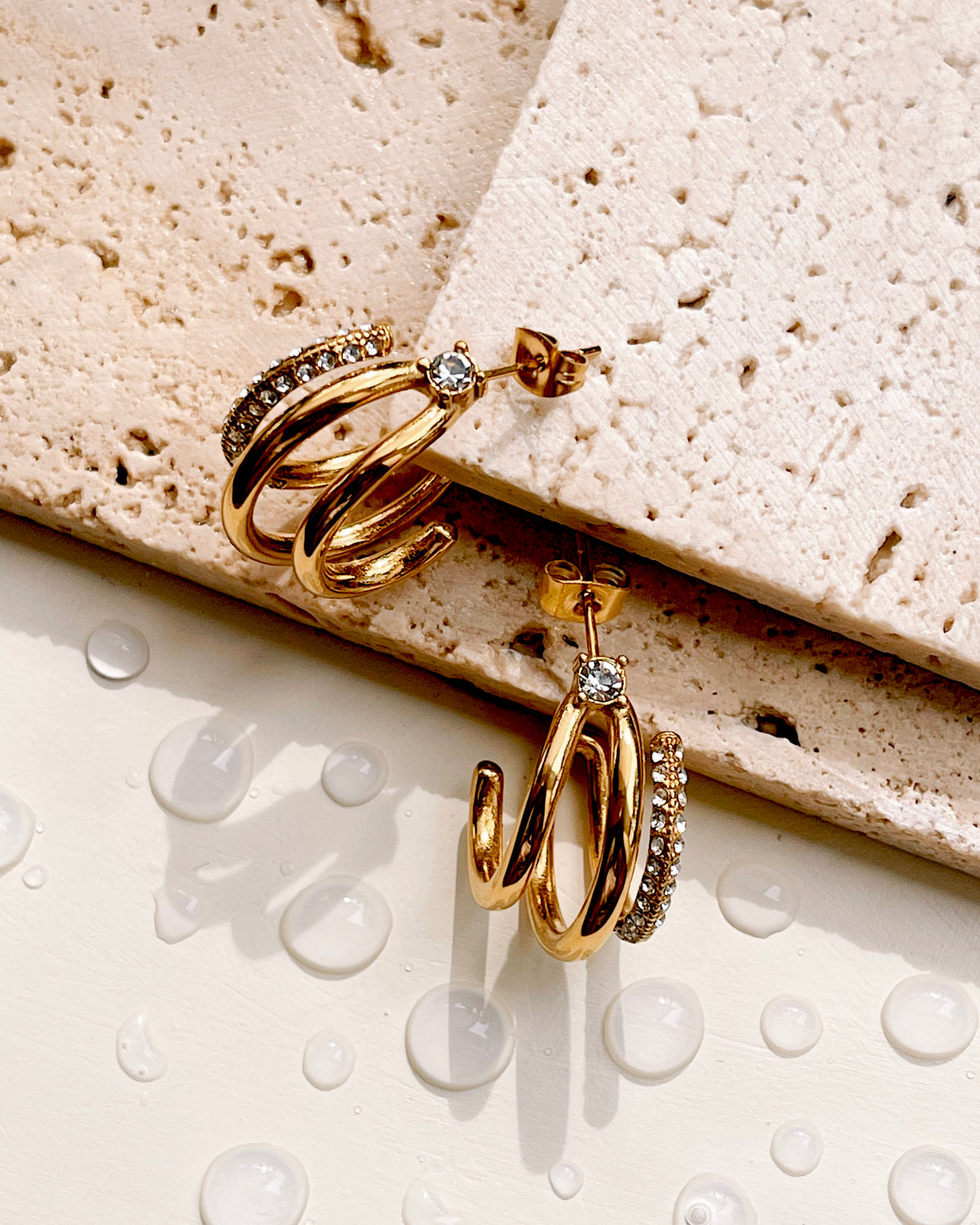 Kendall Triple Layer C-Shaped Zircon Paved Layered Look Gold Hoops