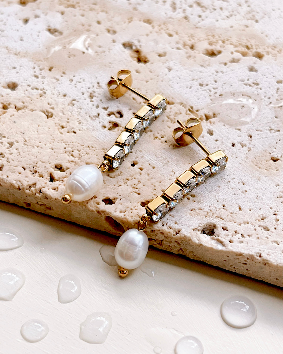 Alejandra Baroque Freshwater Pearl and Zircon Chain Gold Drop Earrings
