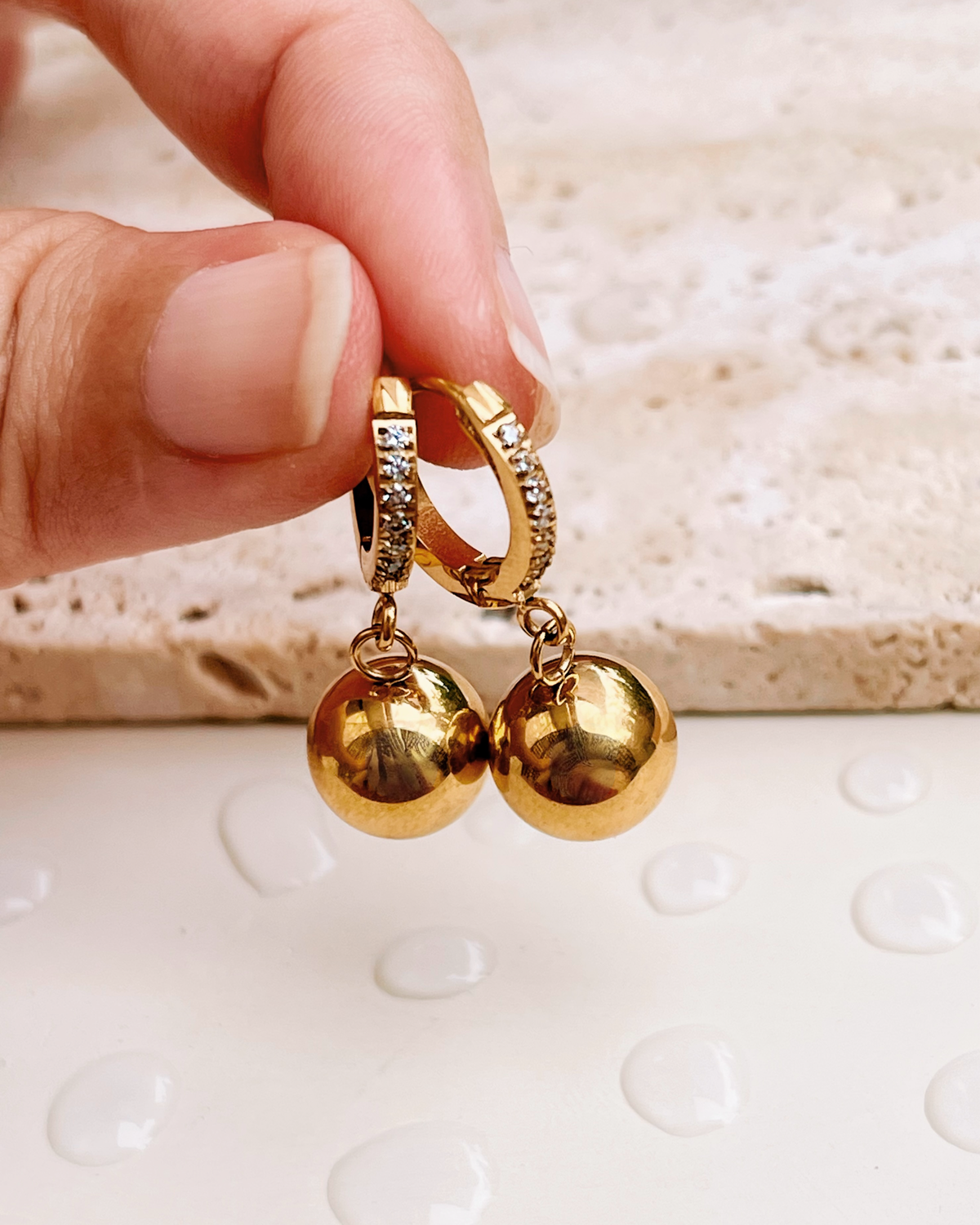 Izzie Zircon Paved Huggies Round Ball Dangle Drop Earrings