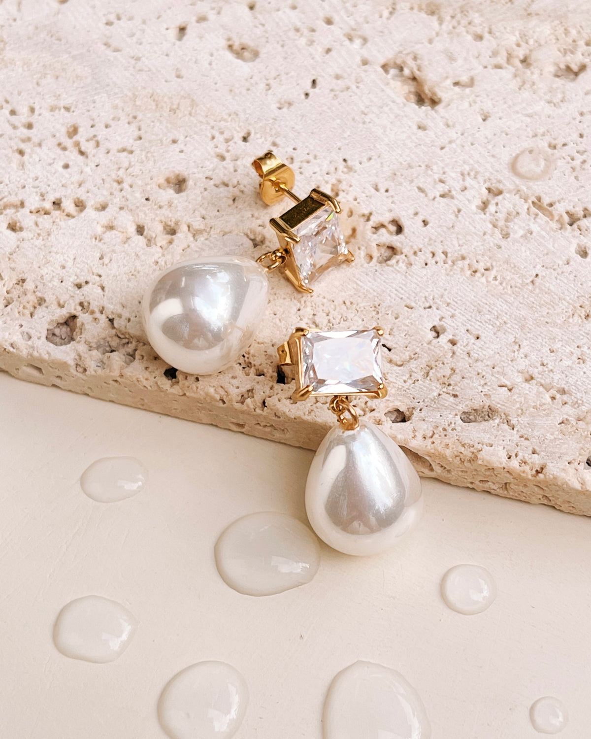 Angela Rectangle Zircon Stud Teardrop Shaped Pearl Drop Earrings