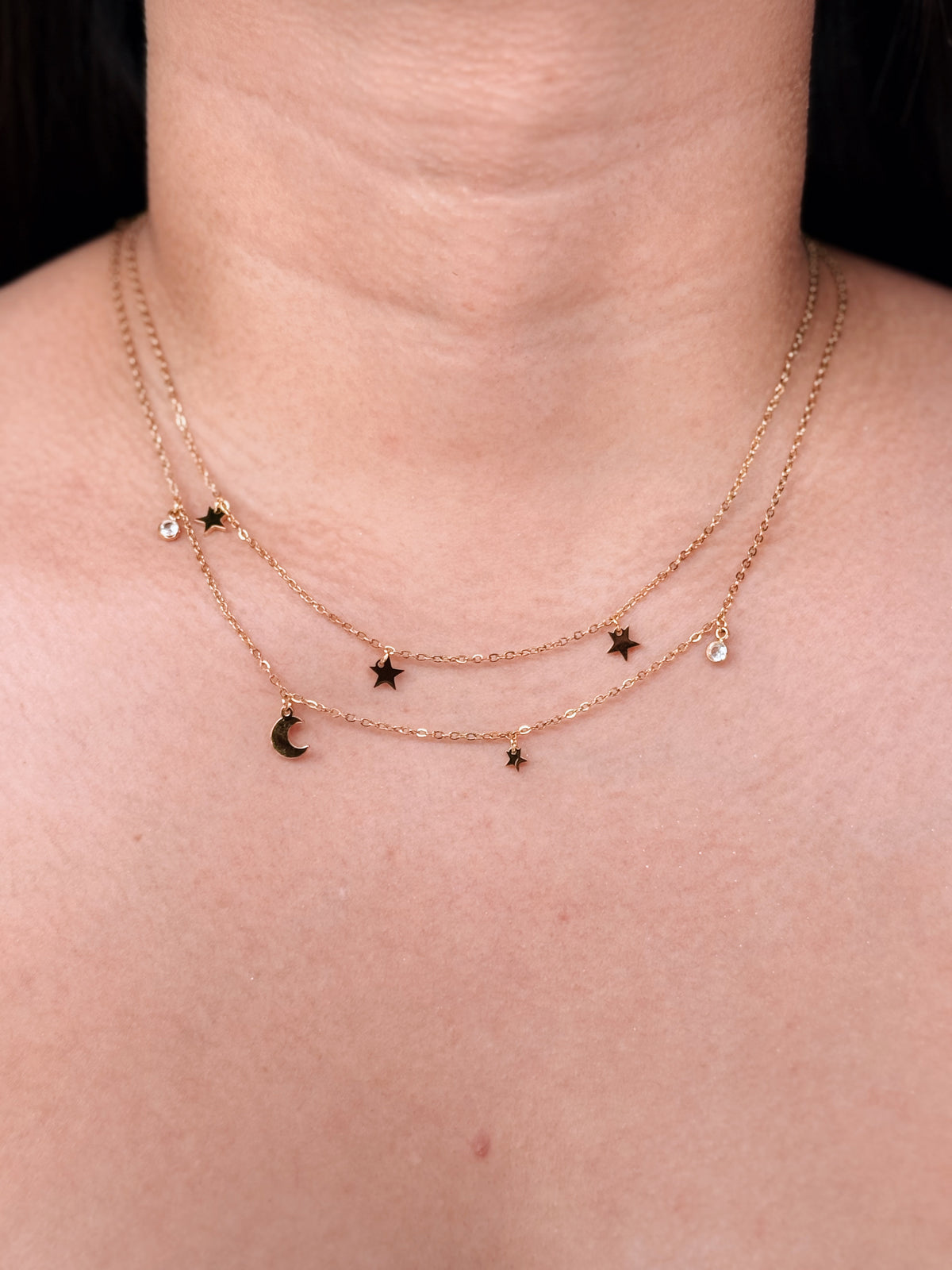 Kelsey Round Zircon Bezel Set Solid Moon Star Pendants Double Classic Link Chain Gold Necklace