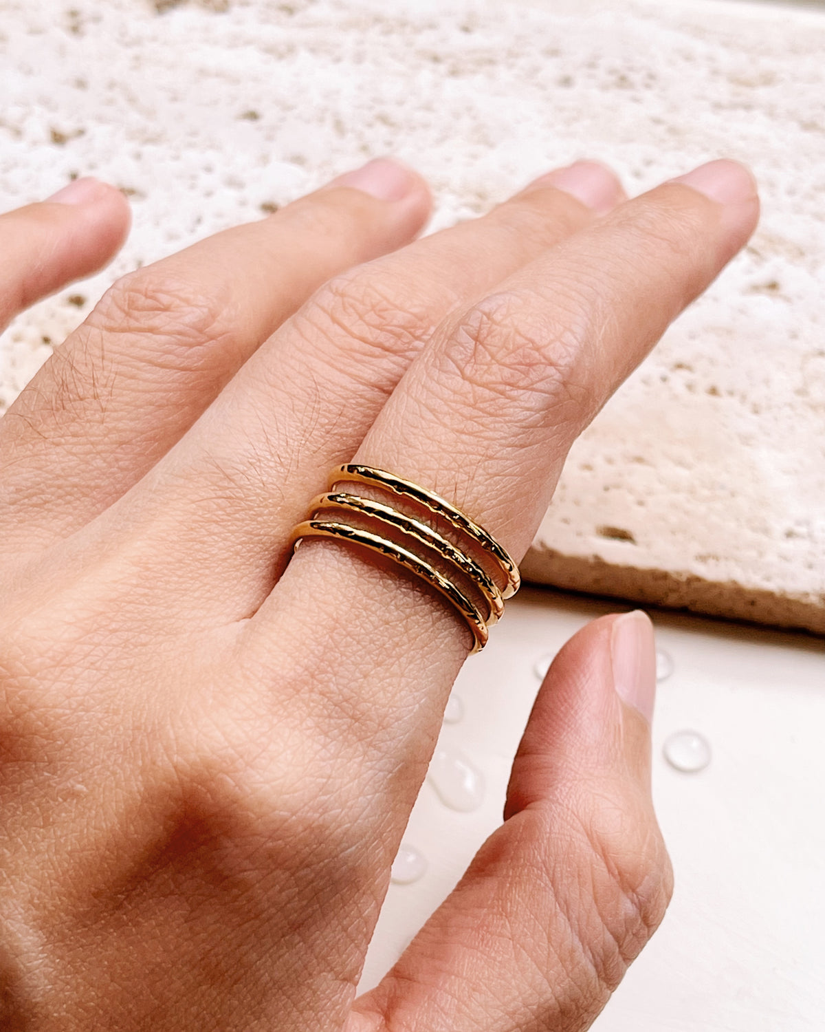 Gwen Triple Layer Textured Wood Design Wide Gold Ring