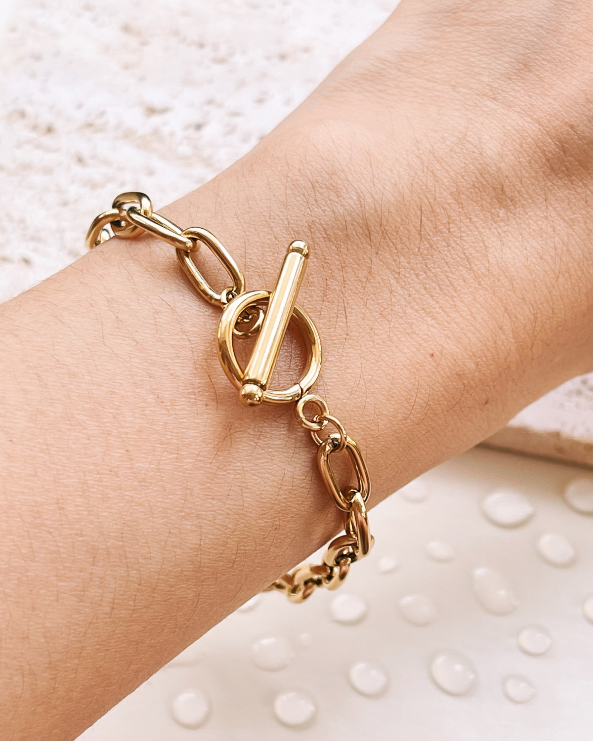 Emilia Thick Oval Link Chain with O/T Lock Design Gold Bracelet