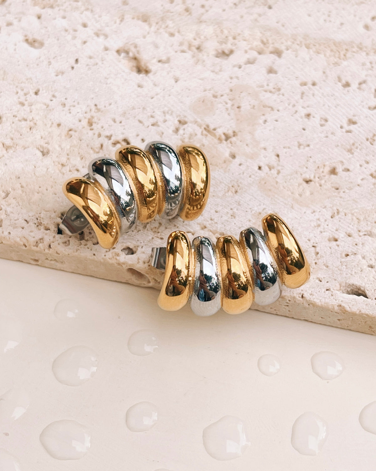 Aniyah (Two Tone) Stacked Silver Gold Chunky Caterpillar Shaped Stud Earrings