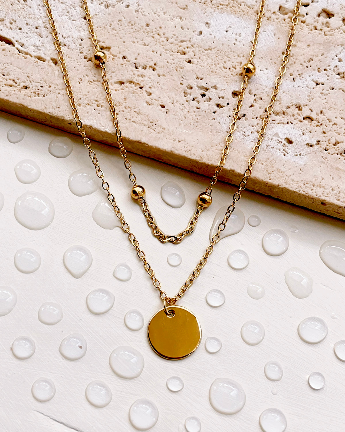 Nadine Double Layer Beaded Chain Disc Pendant Gold Necklace