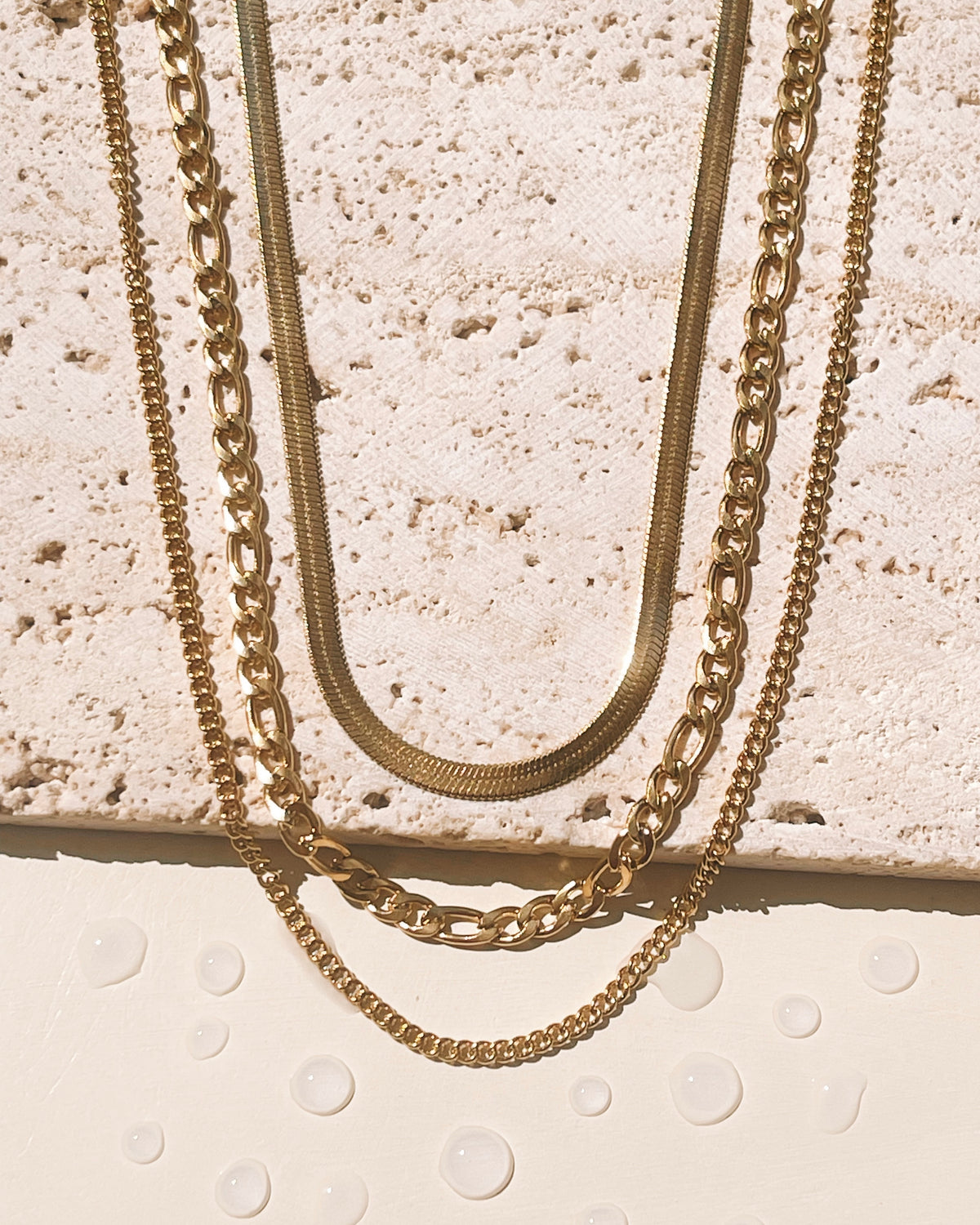 Belinda (Bundle Set) 3 Necklaces Triple Layer Flat Snake Chain Figaro Chain Thin Curb Chain Gold (Chain Only) Necklace