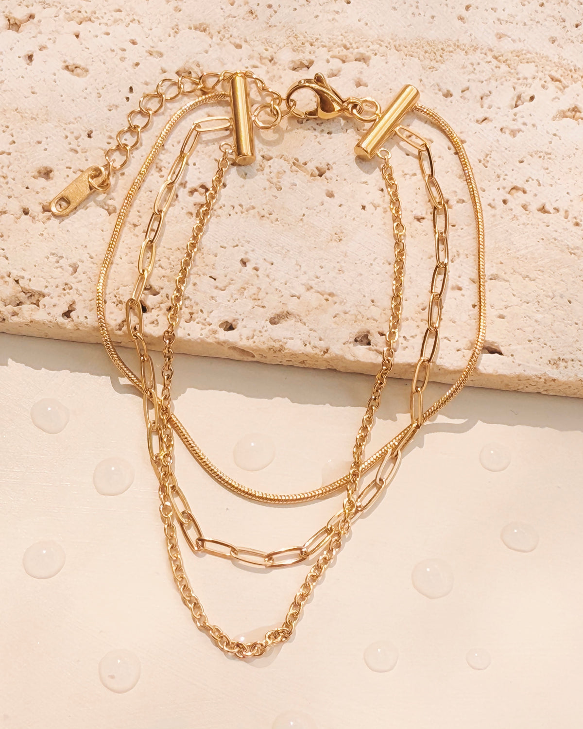 Denise Triple Layer Thin Snake Chain Small Paperclip Chain Round Link Chain Gold Bracelet / Anklet