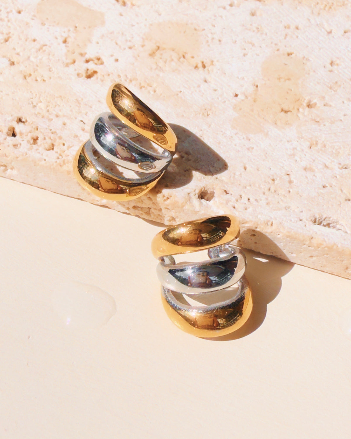 Peyton Two Tone Triple Layer Thick Gold Middle Silver Design Layered Look Cuff Earrings