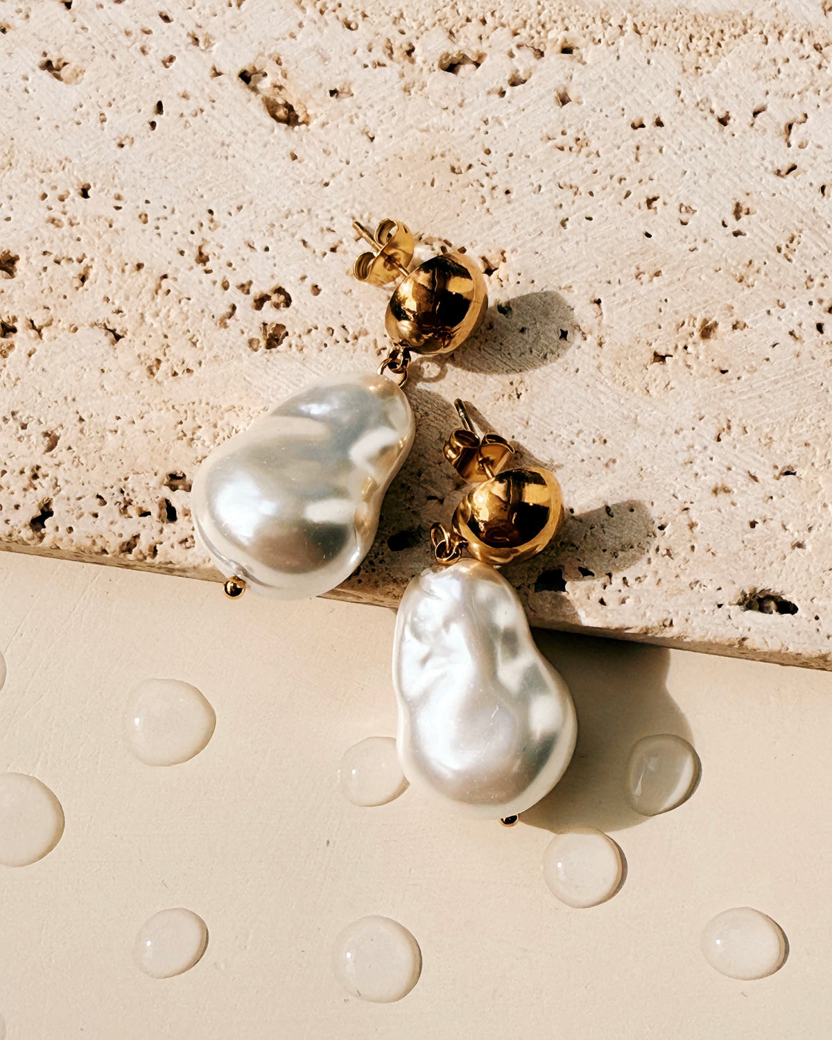 Jeanne Rounded Half Dome Shaped Gold Studs Irregular Shaped Pearl Gold Drop Earrings