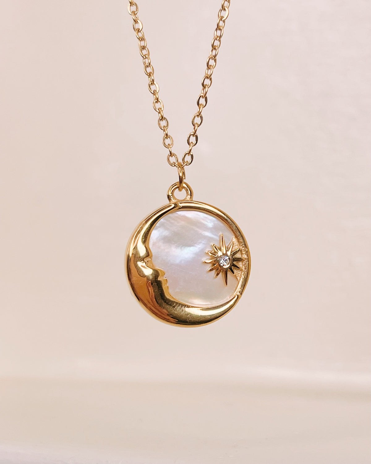 Celeste Sun and Moon Shell Stone Pendant Gold Necklace
