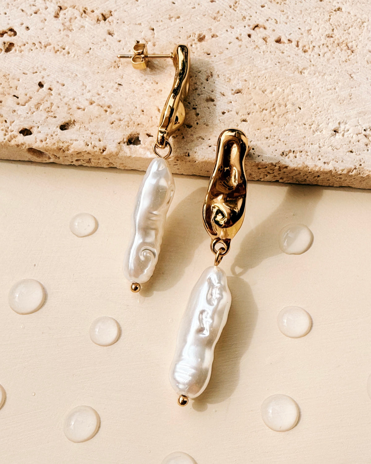 Jezebelle Melted Bar Design Gold Studs Elongated Pearl Drop Earrings