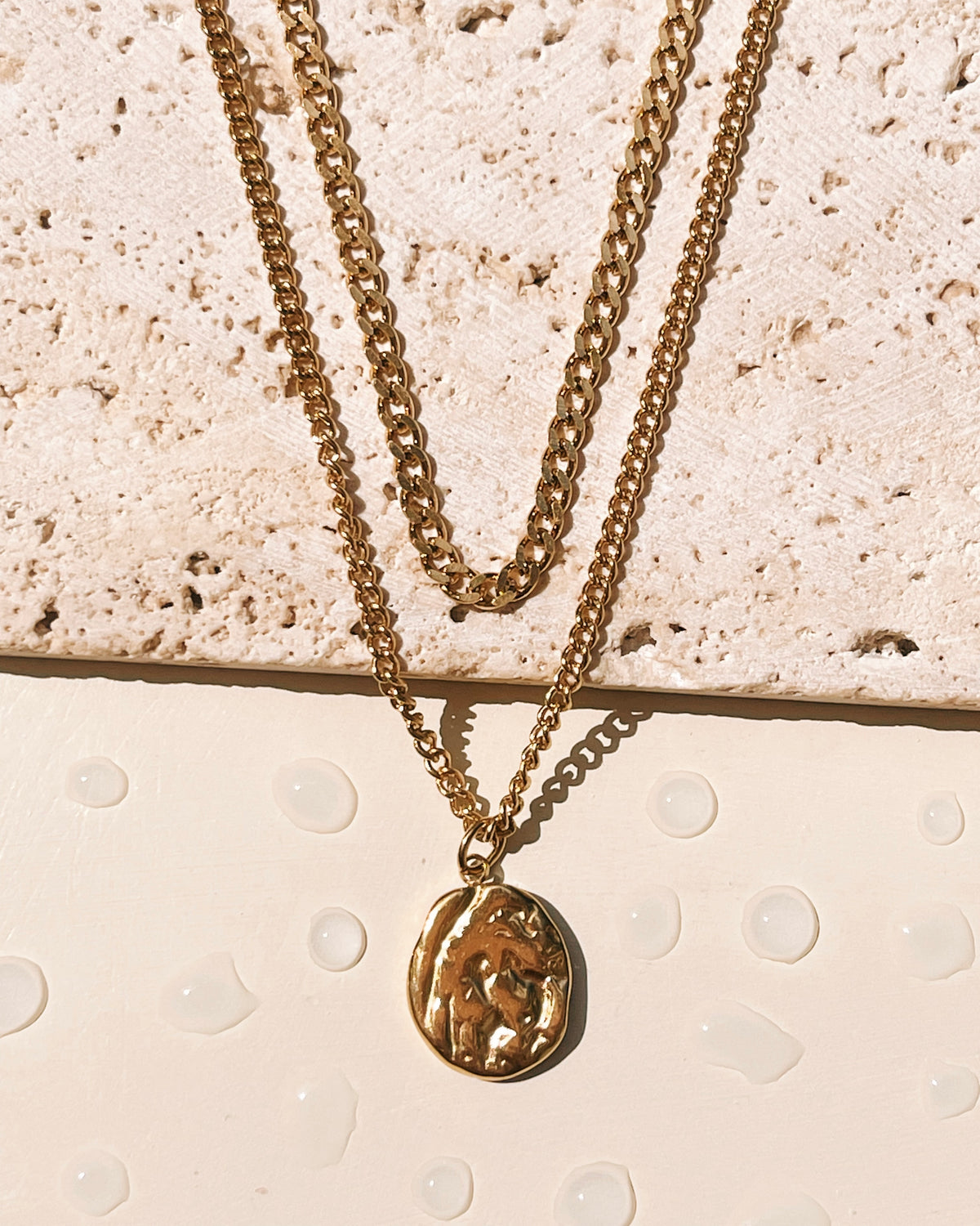 Bethany Double Layer Thick Curb Chain Thin Long Curb Chain Hammered Coin Pendant Gold Necklace