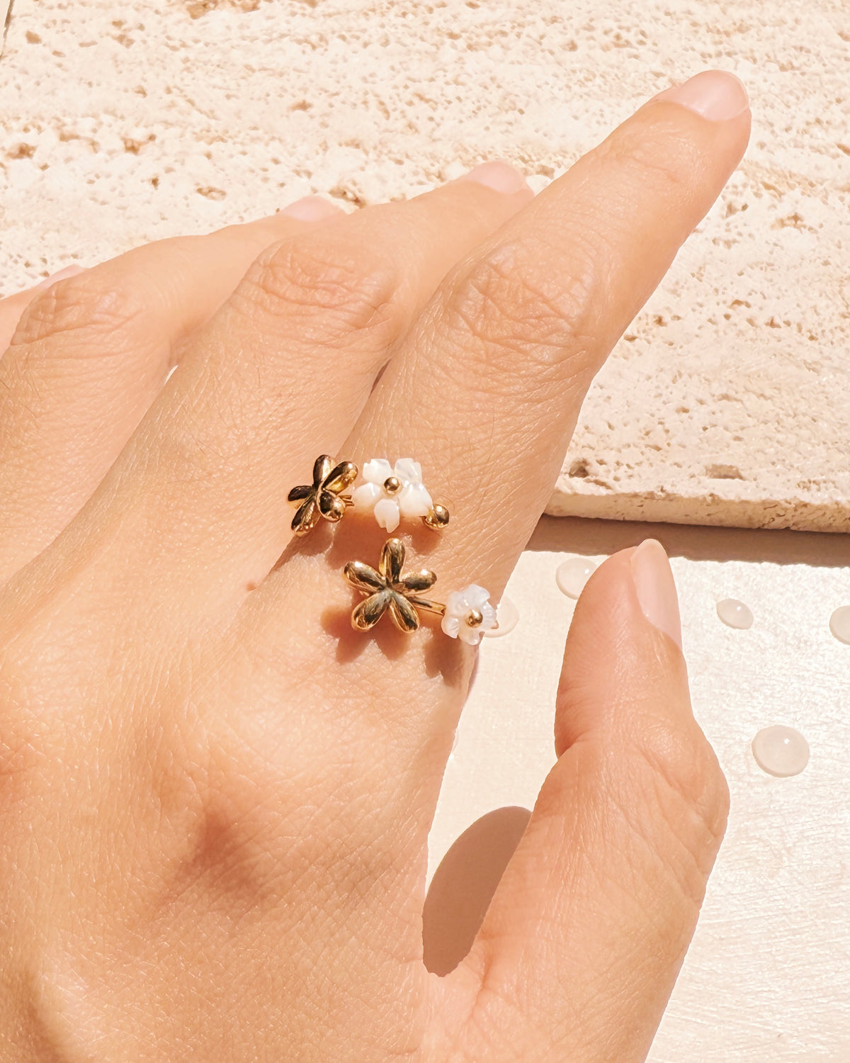 Harleen Dual Top Head Solid Flower Shaped Shell Stone Flower Shaped Design Layered Look Gold Open Ring