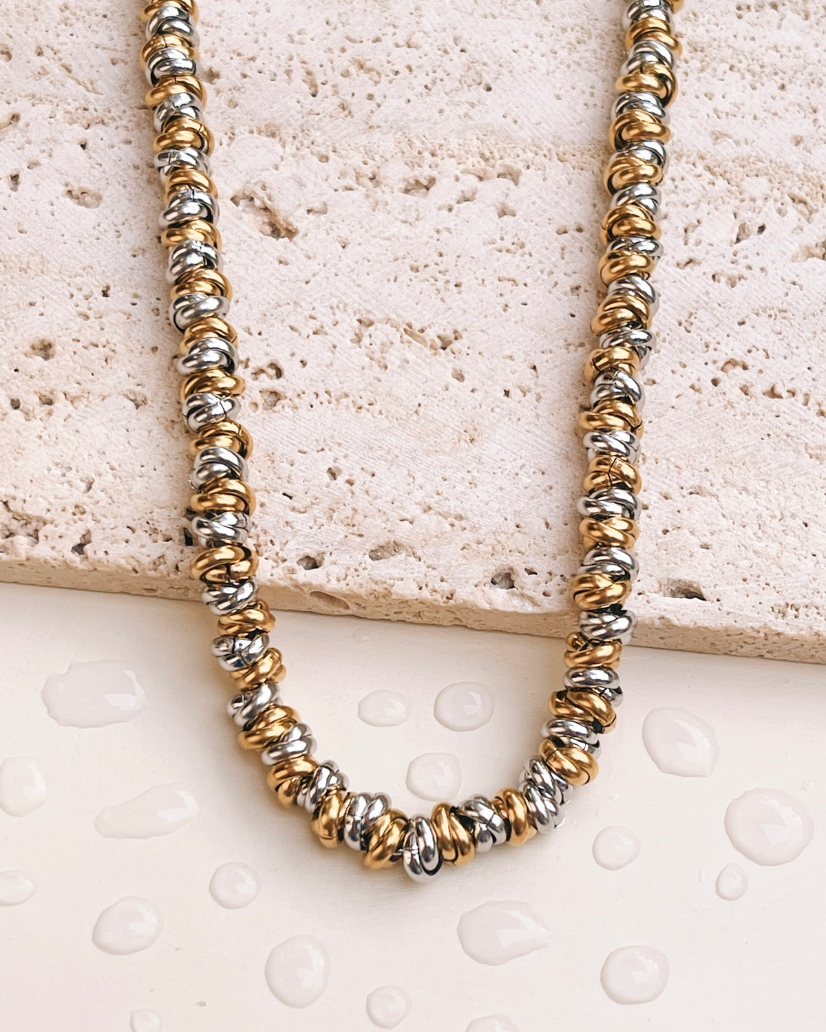 Akira (Two Tone) Silver Gold Alternate Twisted Layered Beads Rope Design (Chain Only) Necklace