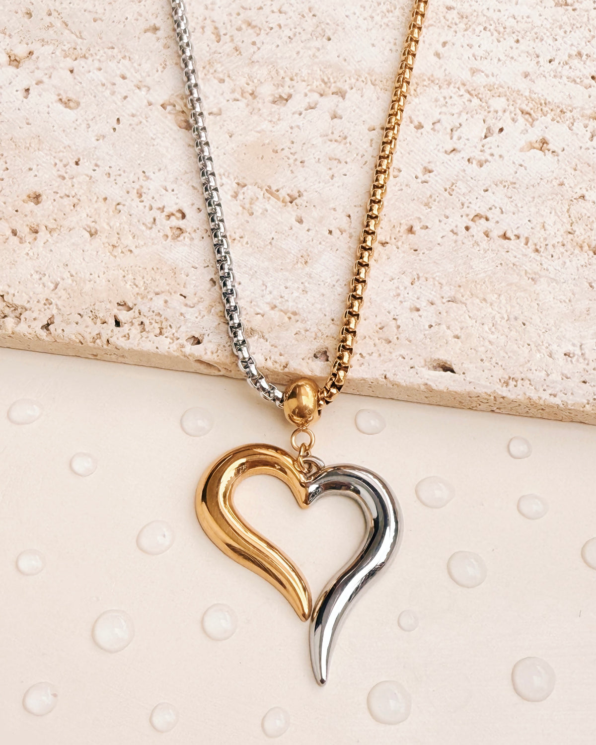 Darcy (Two Tone) Half Silver Half Gold Hollow Heart Pendant Half Silver Half Gold Rounded Box Chain Necklace