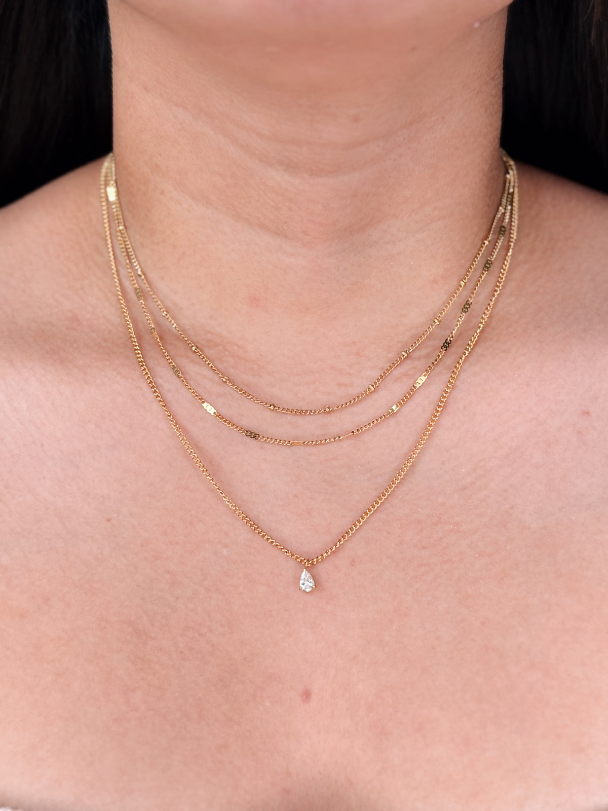 Kathryn Triple Layer Ball Beaded Curb Chain Alternate Curb Cuban Chain Teardrop Waterdrop Shaped Zircon Pendant Curb Chain Gold Necklace