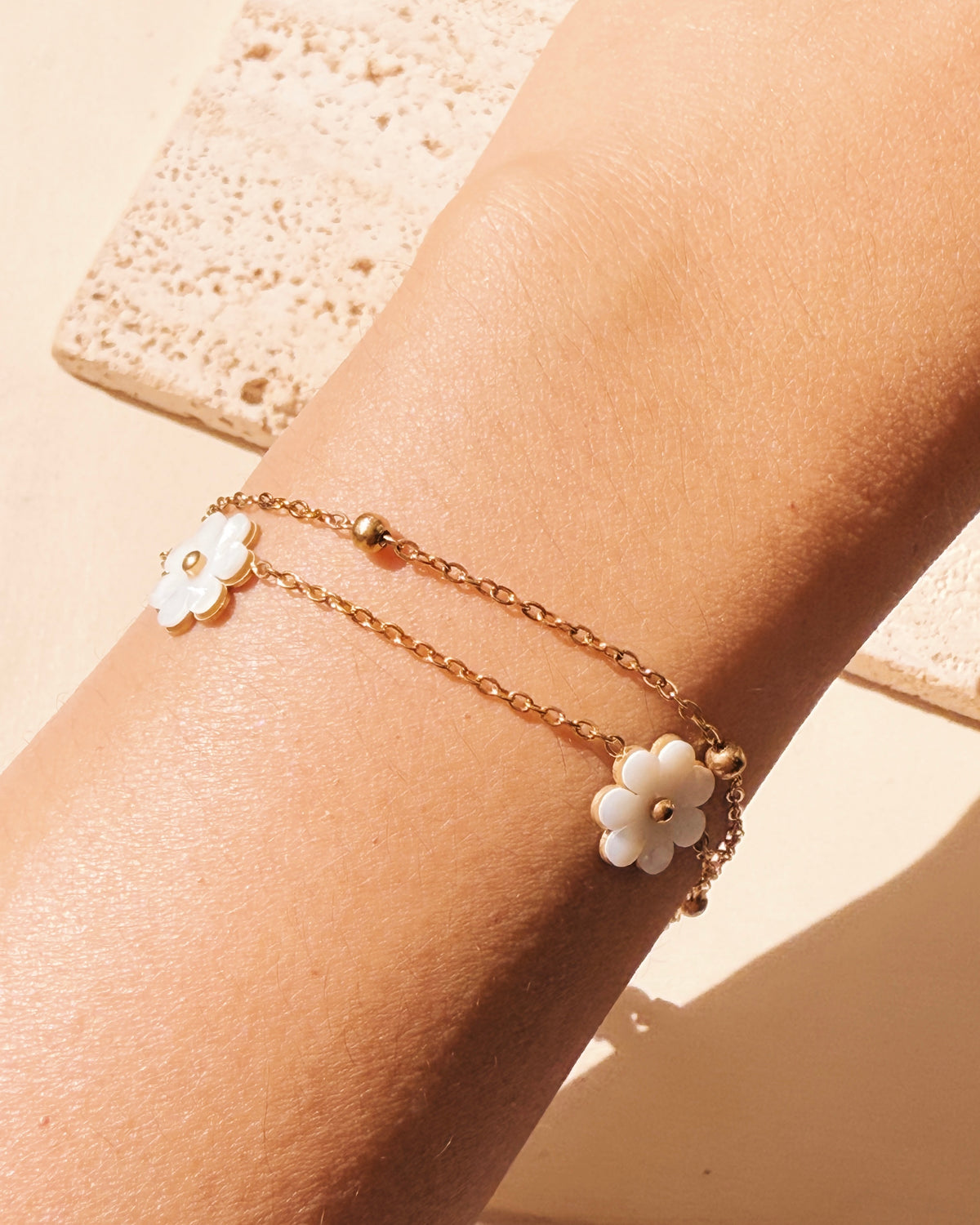 Gertrude Double Layer Triple Flower Shaped Shell Stone Pendants Ball Beaded Classic Link Chain Gold Bracelet