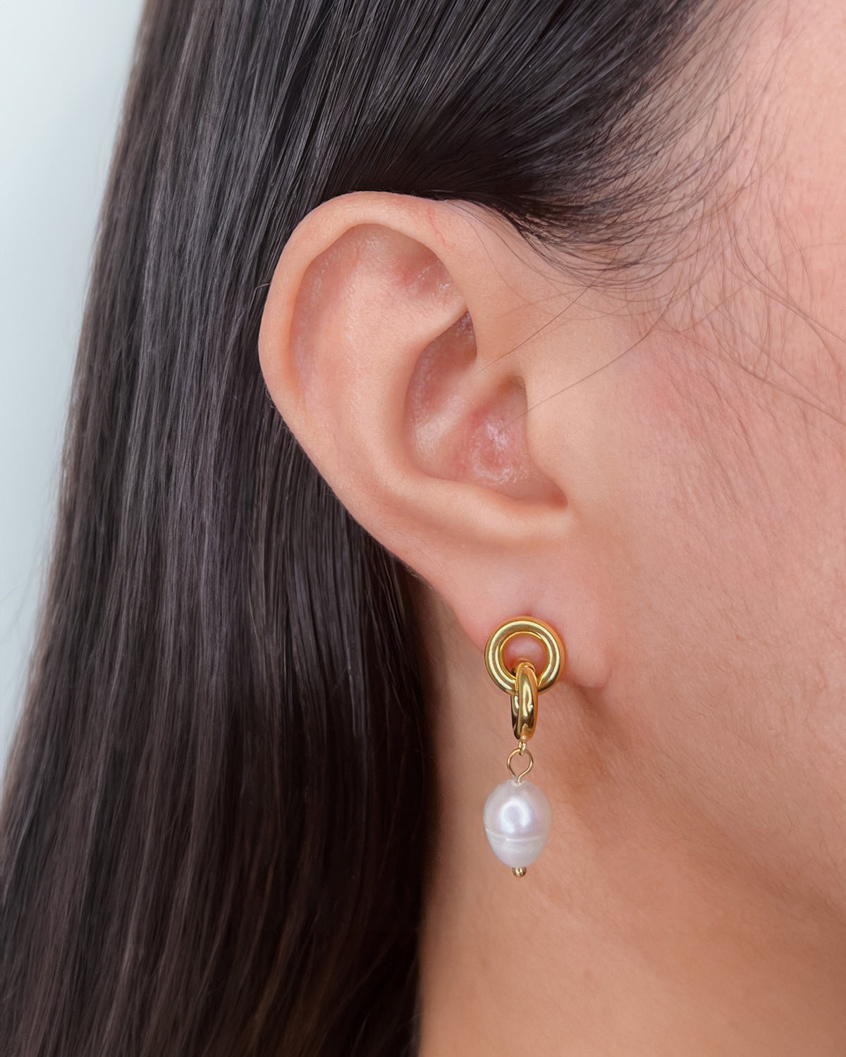 Adeline Baroque Freshwater Pearl Two Interlaced Round Hoops Stud Dangle Gold Drop Earrings