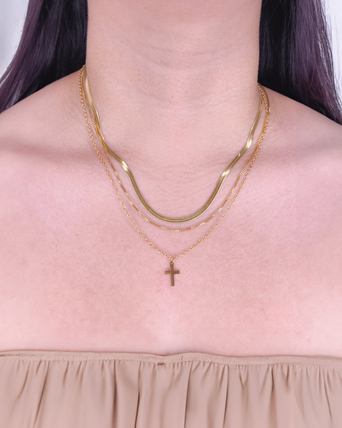 Arden (Bundle Set) 3 Necklaces Triple Layer Box Chain Flat Snake Chain Thin Curb Chain Cross Pendant Gold Necklace