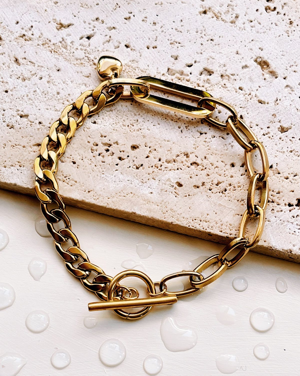 Emily Dual Design Half Oval Link Half Curb Chain with Heart Pendant Chunky Gold Bracelet
