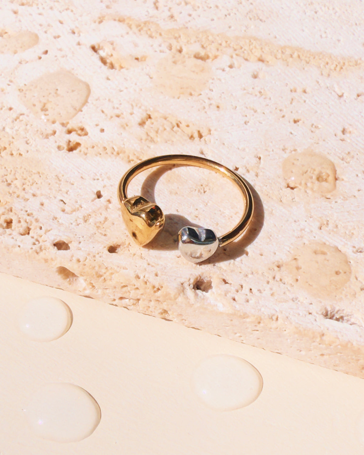 Ohana Two Tone Dual Heart Shaped Silver Gold Top Head Design Gold Open Ring