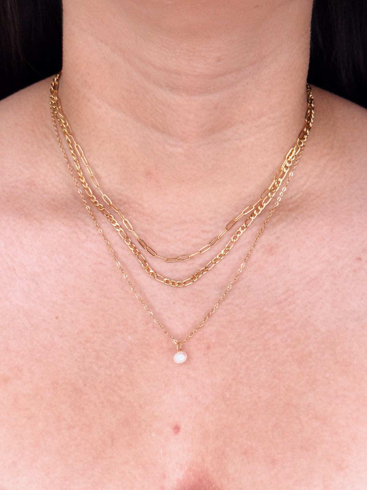 Megan Triple Layer Paperclip Chain Figaro Chain Thin Link Chain Tiny Pearl Pendant Gold Necklace