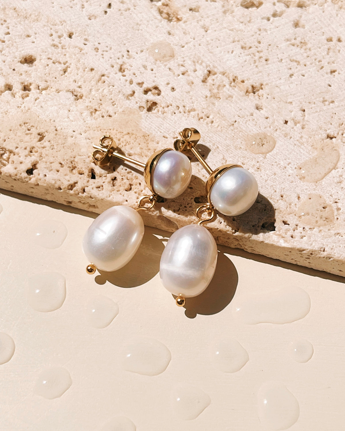 Chiara Round Pearl Bezel Set Stud Elongated Pearl Gold Drop Earrings