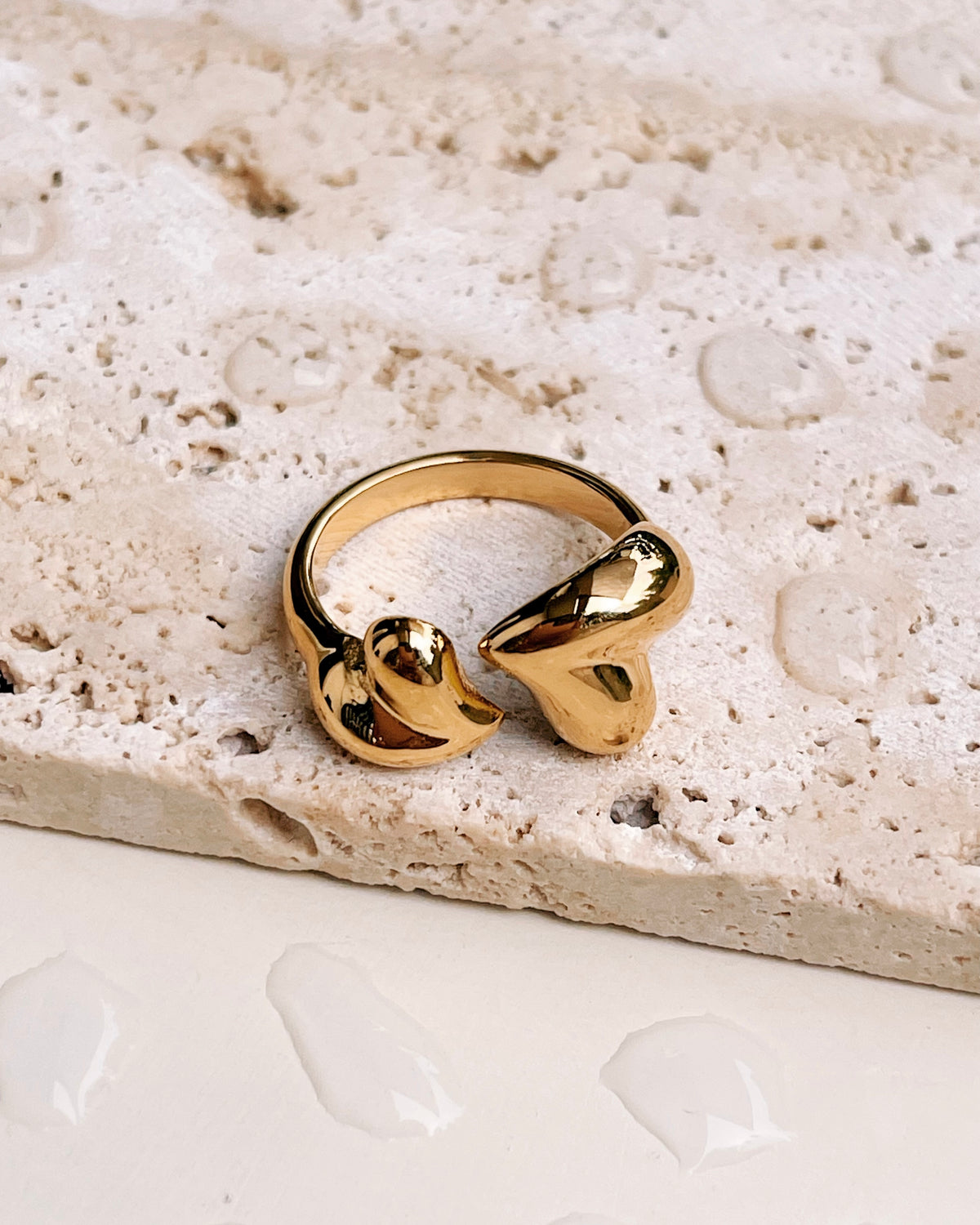 Colleen Two Chunky Skewed Hearts Interlocked Design Open Gold Ring