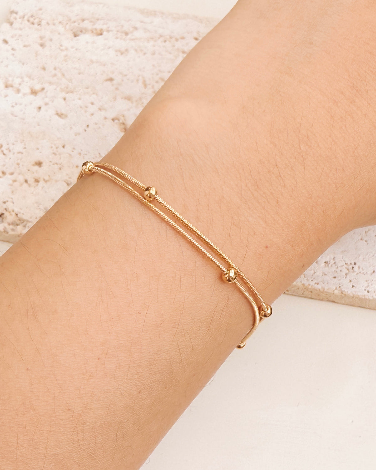 Dua Double Layer Thin Snake Chain Ball Beaded Gold Bracelet