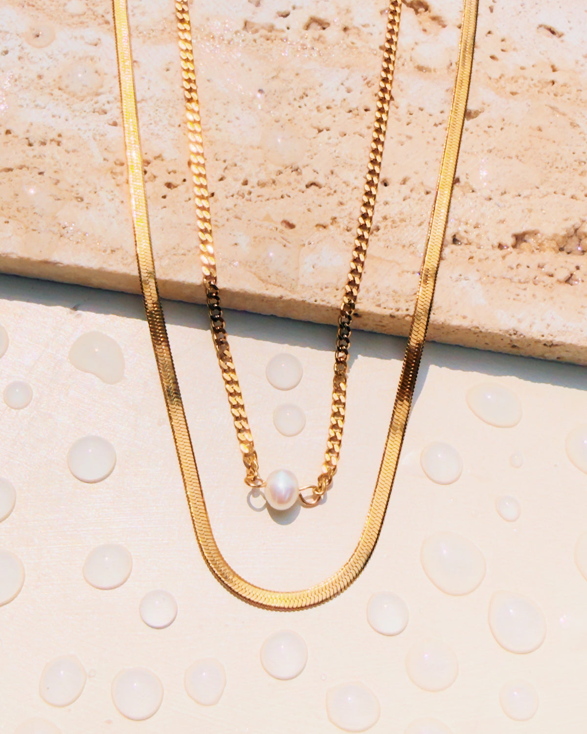 Polly Double Layer Curb Chain Dainty Pear Pendant Flat Snake Chain Design Gold Necklace