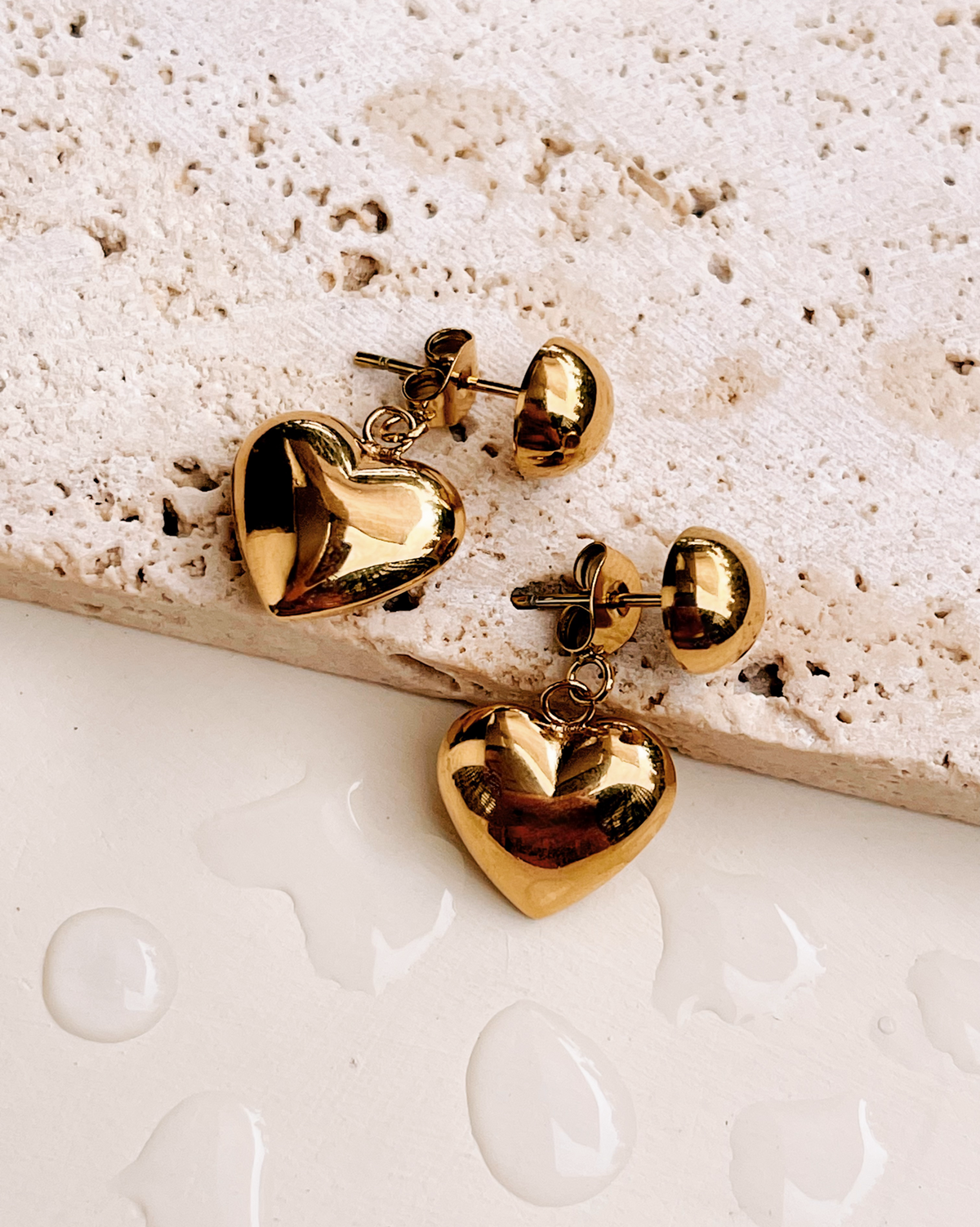 Aiden (Gold) Round Ball Stud Solid Heart Shaped Gold Drop Earrings