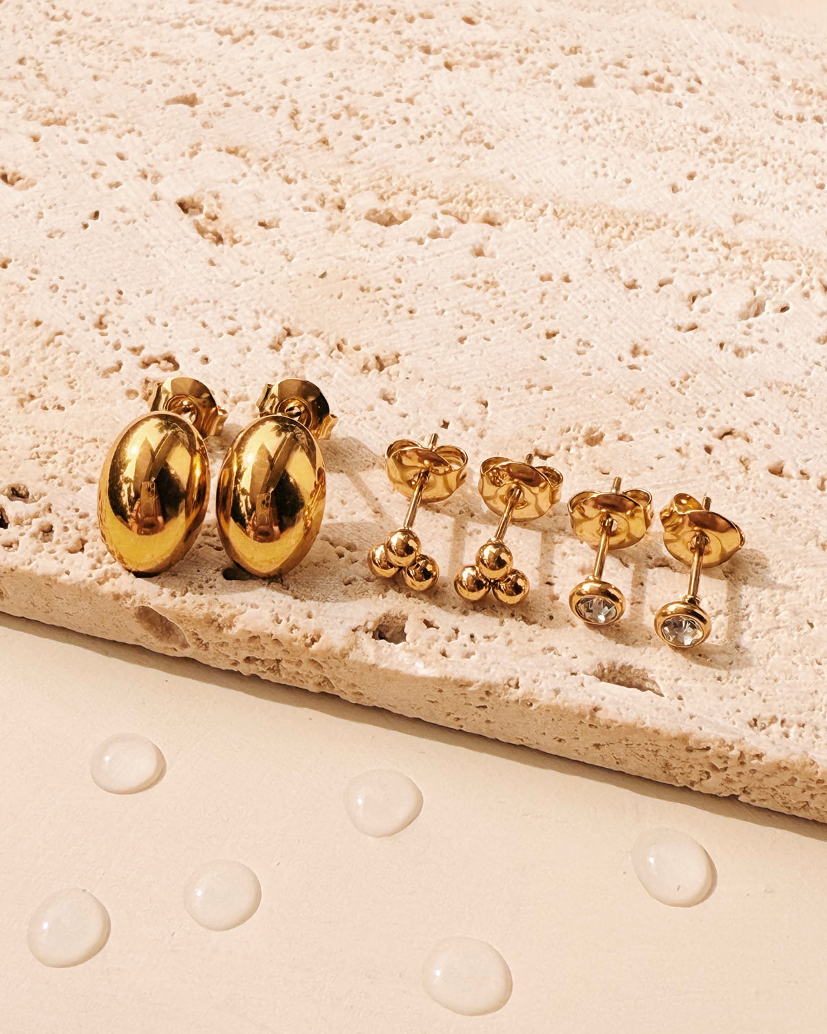 Joni (Bundle Set) 3 Pairs Oval Dome Gold Studs Round Zircon Bezel Set Gold Studs Three Balls Flower Shaped Gold Studs