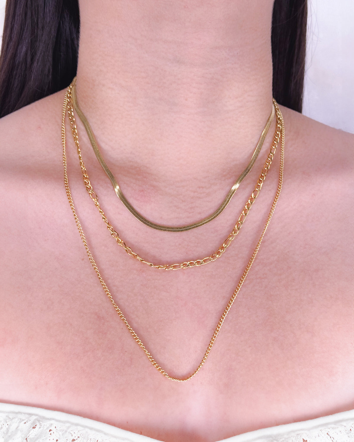 Belinda (Bundle Set) 3 Necklaces Triple Layer Flat Snake Chain Figaro Chain Thin Curb Chain Gold (Chain Only) Necklace