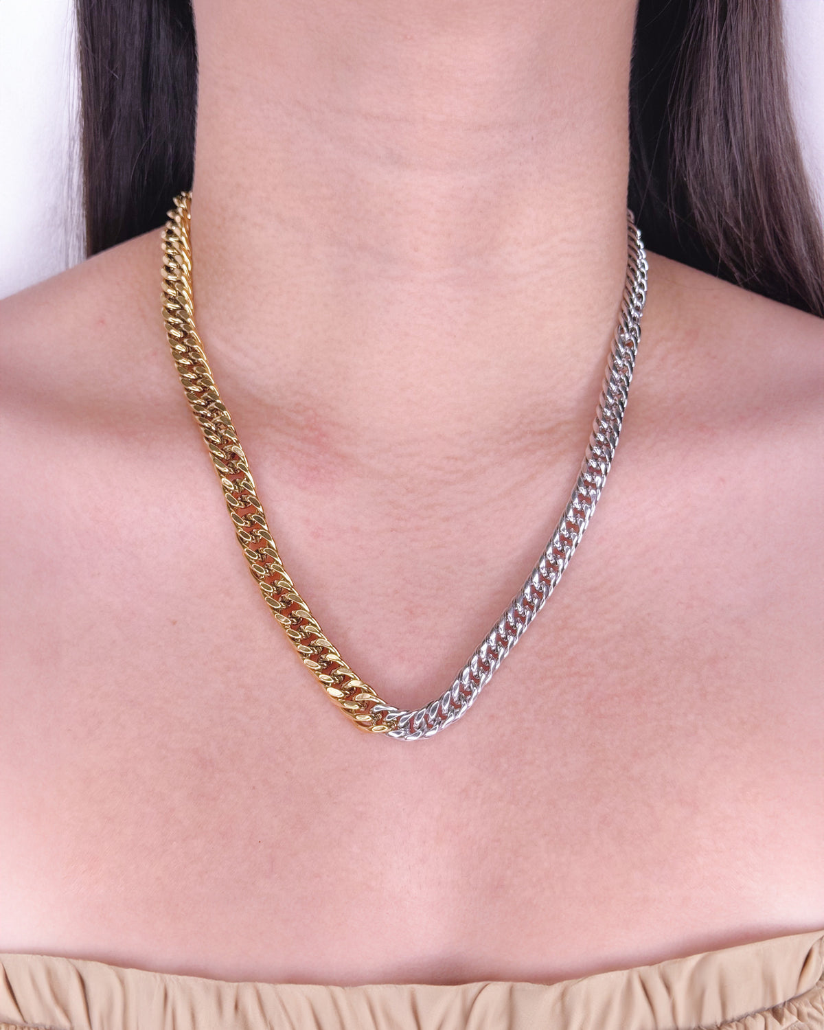 Bernadette (Two Tone ) Half Silver Half Gold Chunky Cuban Chain Design (Chain Only) Necklace